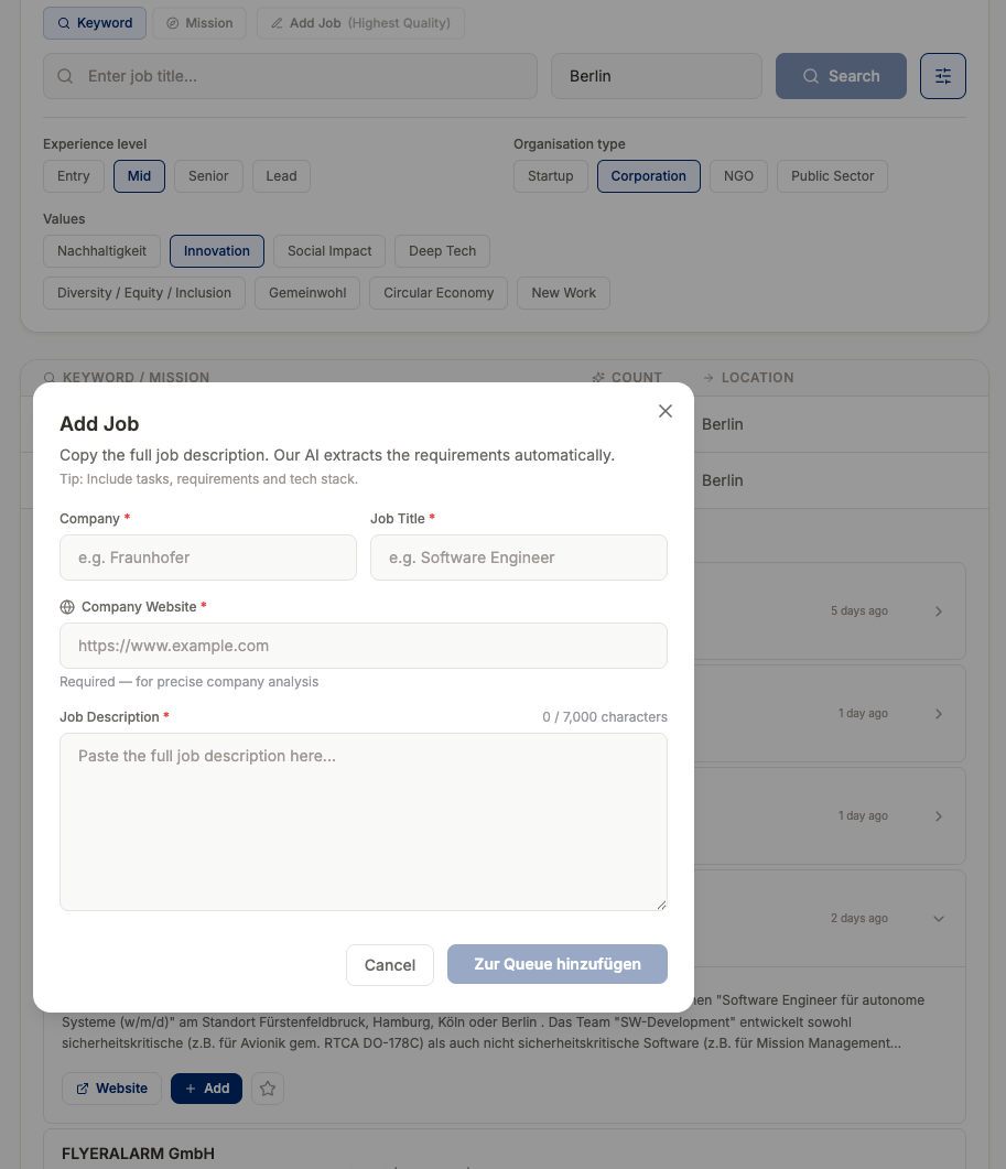 Job Search — Add Job Modal