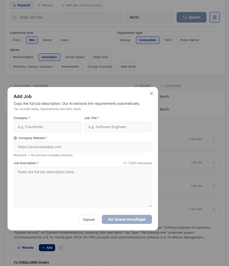 Job Search — Add Job Modal