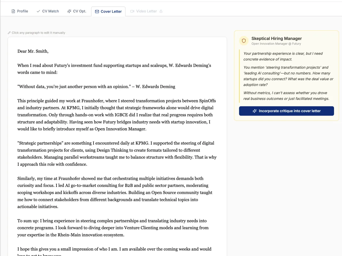 Pathly cover letter with critique from the recruiter simulation next to the text